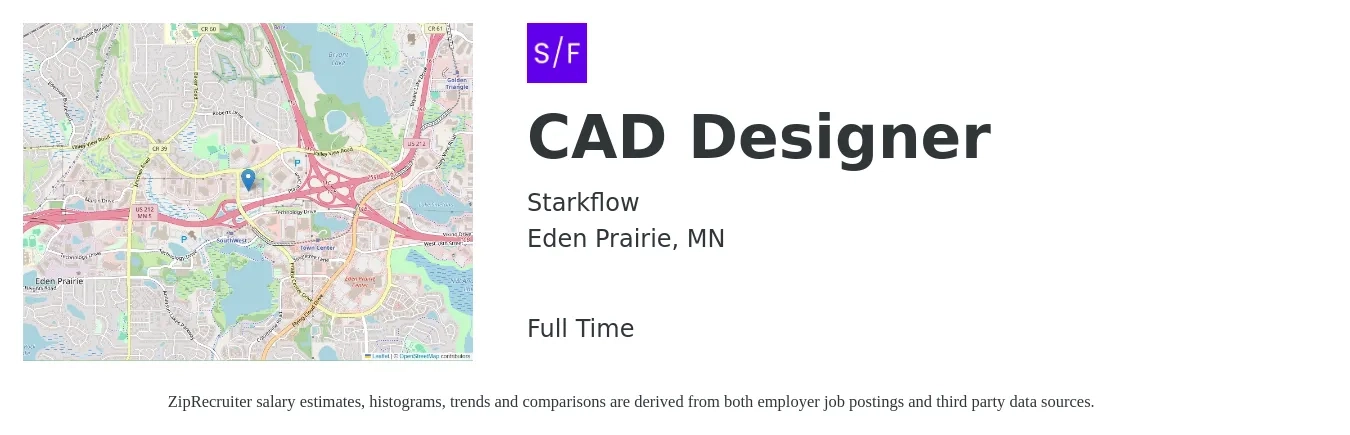 Starkflow job posting for a CAD Designer in Eden Prairie, MN with a salary of $28 to $38 Hourly with a map of Eden Prairie location.