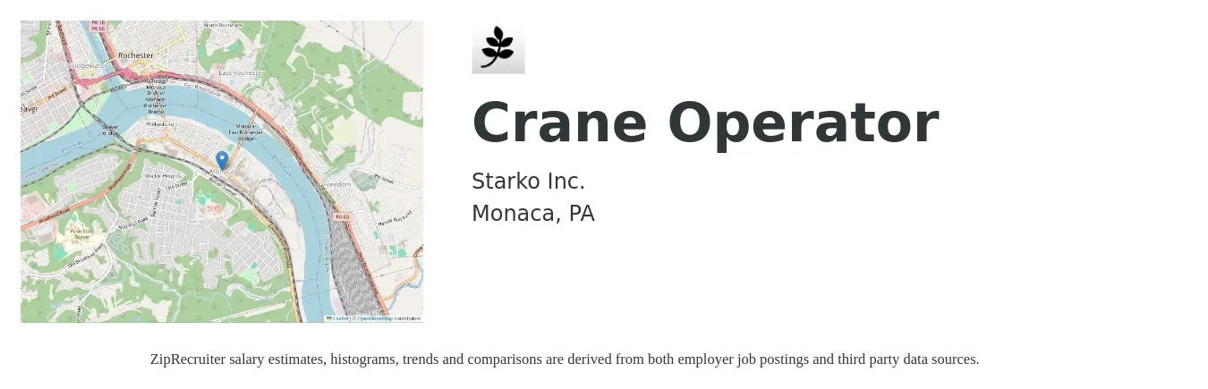 Starko Inc. job posting for a Crane Operator in Monaca, PA with a salary of $20 to $32 Hourly with a map of Monaca location.