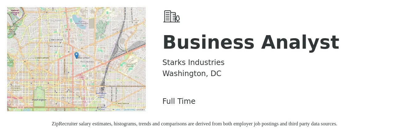 Starks Industries job posting for a Business Analyst in Washington, DC with a salary of $46 to $48 Hourly with a map of Washington location.