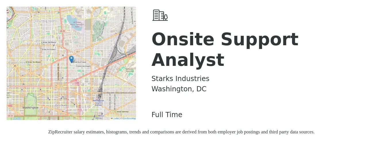 Starks Industries job posting for a Onsite Support Analyst in Washington, DC with a salary of $44 to $46 Hourly with a map of Washington location.