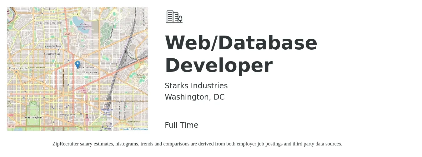 Starks Industries job posting for a Web/Database Developer in Washington, DC with a salary of $34 to $35 Hourly with a map of Washington location.
