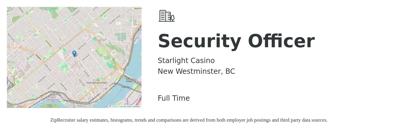 Starlight Casino job posting for a Security Officer in New Westminster, BC with a salary of $22 Hourly with a map of New Westminster location.