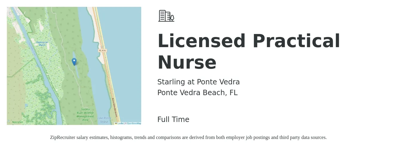 Starling at Ponte Vedra job posting for a Licensed Practical Nurse in Ponte Vedra Beach, FL with a salary of $24 to $33 Hourly with a map of Ponte Vedra Beach location.