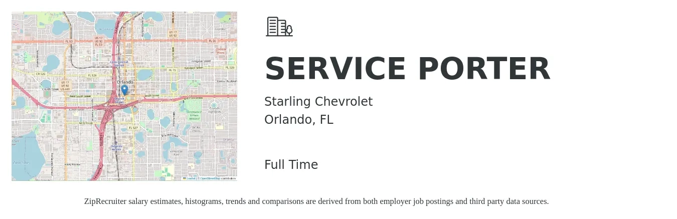 Starling Chevrolet job posting for a SERVICE PORTER in Orlando, FL with a salary of $14 to $17 Hourly with a map of Orlando location.