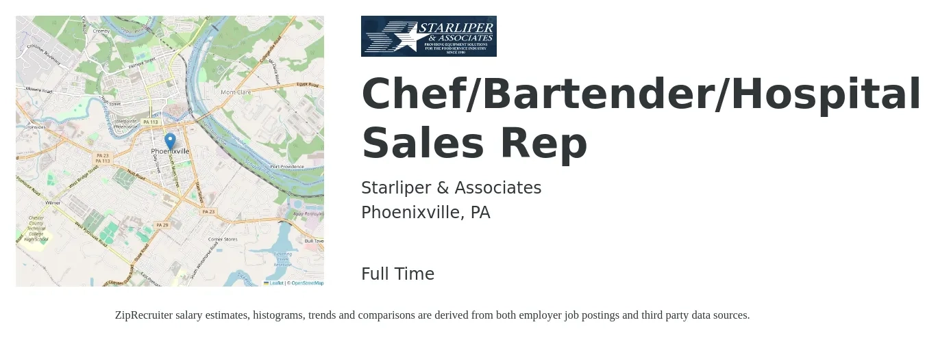 Starliper & Associates job posting for a Chef/Bartender/Hospitality Sales Rep in Phoenixville, PA with a salary of $10 to $19 Hourly with a map of Phoenixville location.