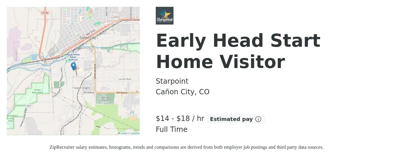 Starpoint job posting for a Early Head Start Home Visitor in Cañon City, CO with a salary of $15 to $19 Hourly with a map of Cañon City location.