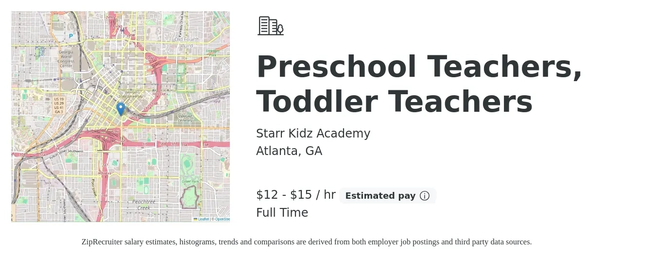 Starr Kidz Academy job posting for a Preschool Teachers, Toddler Teachers in Atlanta, GA with a salary of $13 to $16 Hourly with a map of Atlanta location.