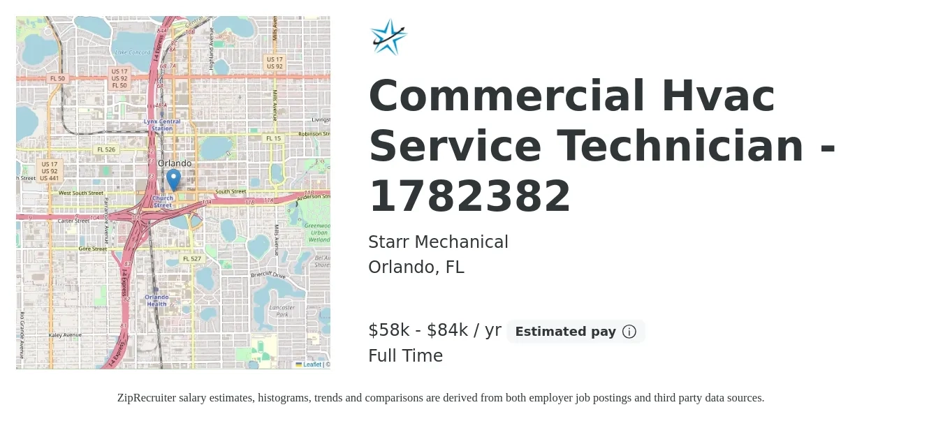 Starr Mechanical job posting for a Commercial Hvac Service Technician - 1782382 in Orlando, FL with a salary of $58,000 to $84,000 Yearly with a map of Orlando location.