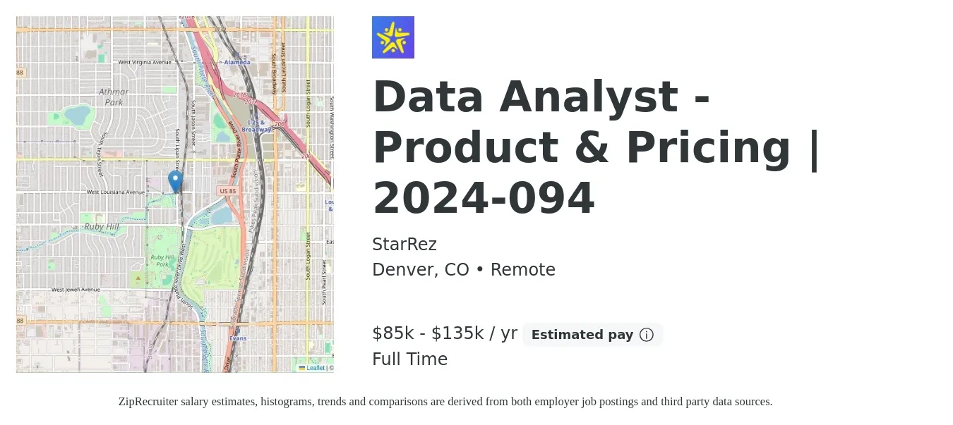 StarRez job posting for a Data Analyst - Product & Pricing | 2024-094 in Denver, CO with a salary of $85,000 to $135,000 Yearly with a map of Denver location.