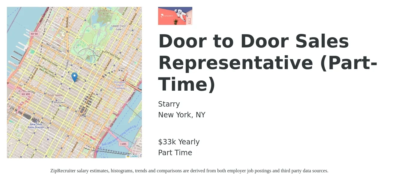 Starry job posting for a Door to Door Sales Representative (Part-Time) in New York, NY with a salary of $33,280 Yearly with a map of New York location.
