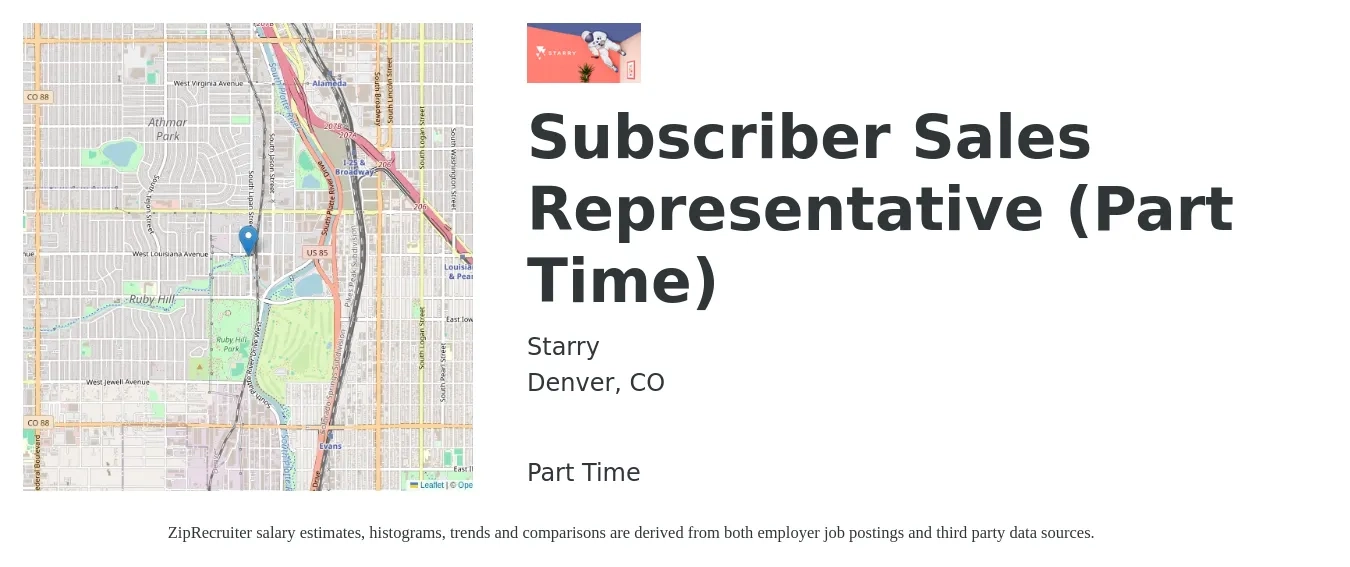 Starry job posting for a Subscriber Sales Representative (Part Time) in Denver, CO with a salary of $20 Hourly with a map of Denver location.