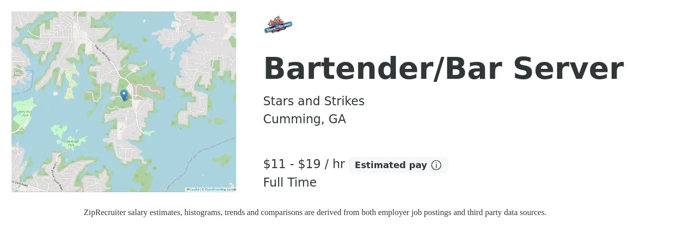 Stars and Strikes job posting for a Bartender/Bar Server in Cumming, GA with a salary of $12 to $20 Hourly with a map of Cumming location.