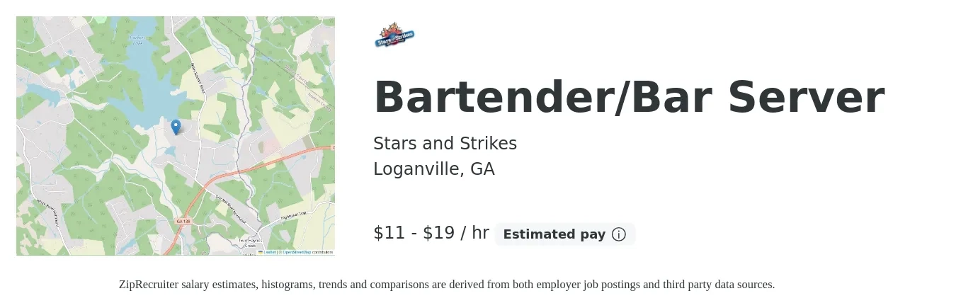 Stars and Strikes job posting for a Bartender/Bar Server in Loganville, GA with a salary of $12 to $20 Hourly with a map of Loganville location.