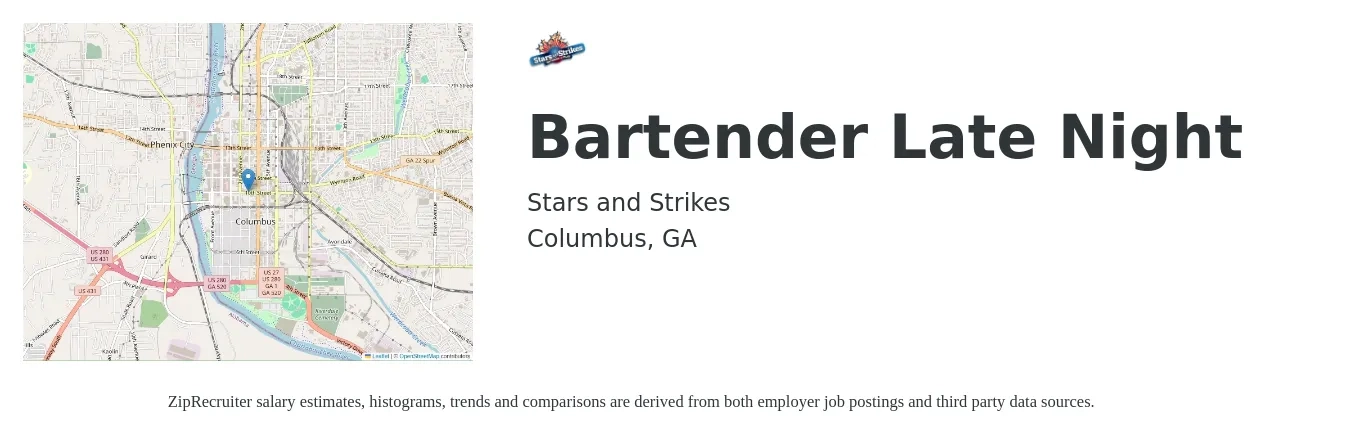Stars and Strikes job posting for a Bartender Late Night in Columbus, GA with a salary of $8 to $15 Hourly with a map of Columbus location.