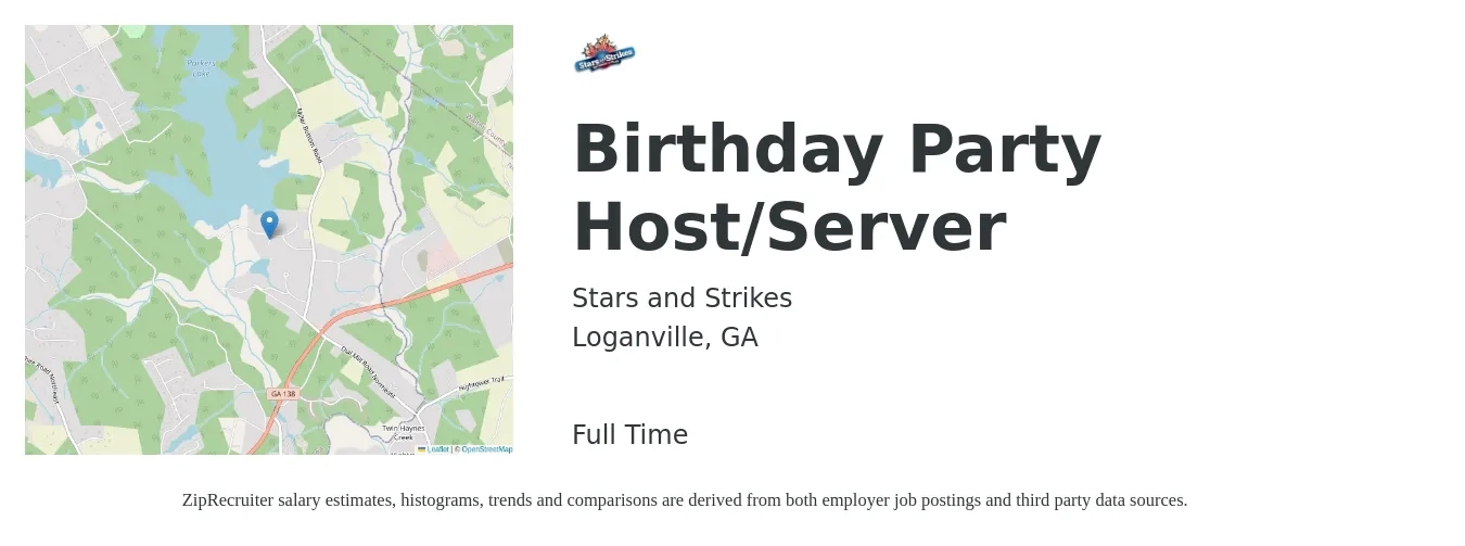 Stars and Strikes job posting for a Birthday Party Host/Server in Loganville, GA with a salary of $12 to $25 Hourly with a map of Loganville location.