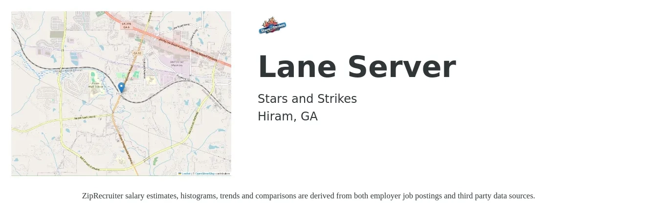 Stars and Strikes job posting for a Lane Server in Hiram, GA with a salary of $10 to $16 Hourly with a map of Hiram location.
