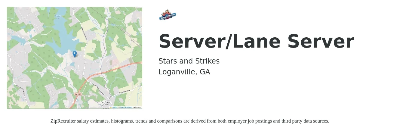 Stars and Strikes job posting for a Server/Lane Server in Loganville, GA with a salary of $12 to $20 Hourly with a map of Loganville location.
