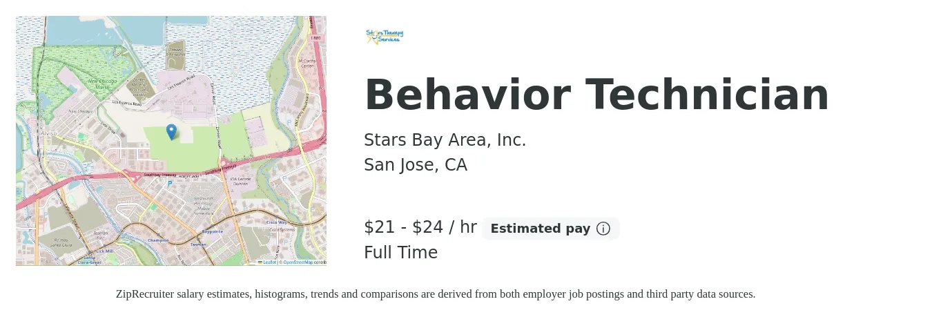 Stars Bay Area, Inc. job posting for a Behavior Technician in San Jose, CA with a salary of $22 to $25 Hourly with a map of San Jose location.