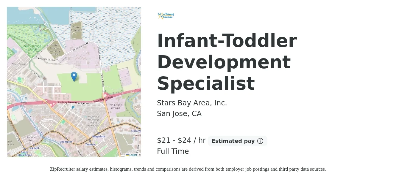 Stars Bay Area, Inc. job posting for a Infant-Toddler Development Specialist in San Jose, CA with a salary of $22 to $25 Hourly with a map of San Jose location.