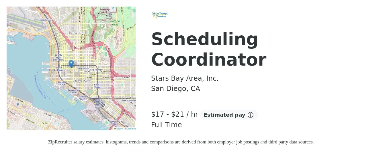 Stars Bay Area, Inc. job posting for a Scheduling Coordinator in San Diego, CA with a salary of $18 to $22 Hourly with a map of San Diego location.