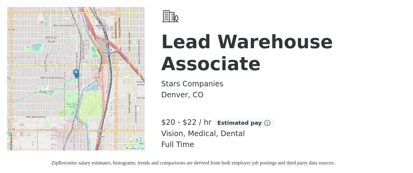 Stars Companies job posting for a Lead Warehouse Associate in Denver, CO with a salary of $21 to $23 Hourly and benefits including dental, life_insurance, medical, retirement, and vision with a map of Denver location.