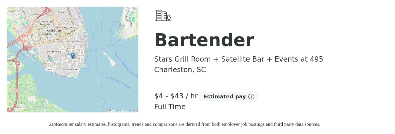 Stars Grill Room + Satellite Bar + Events at 495 job posting for a Bartender in Charleston, SC with a salary of $5 to $45 Hourly with a map of Charleston location.