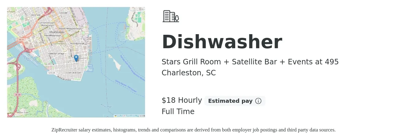 Stars Grill Room + Satellite Bar + Events at 495 job posting for a Dishwasher in Charleston, SC with a salary of $19 Hourly with a map of Charleston location.