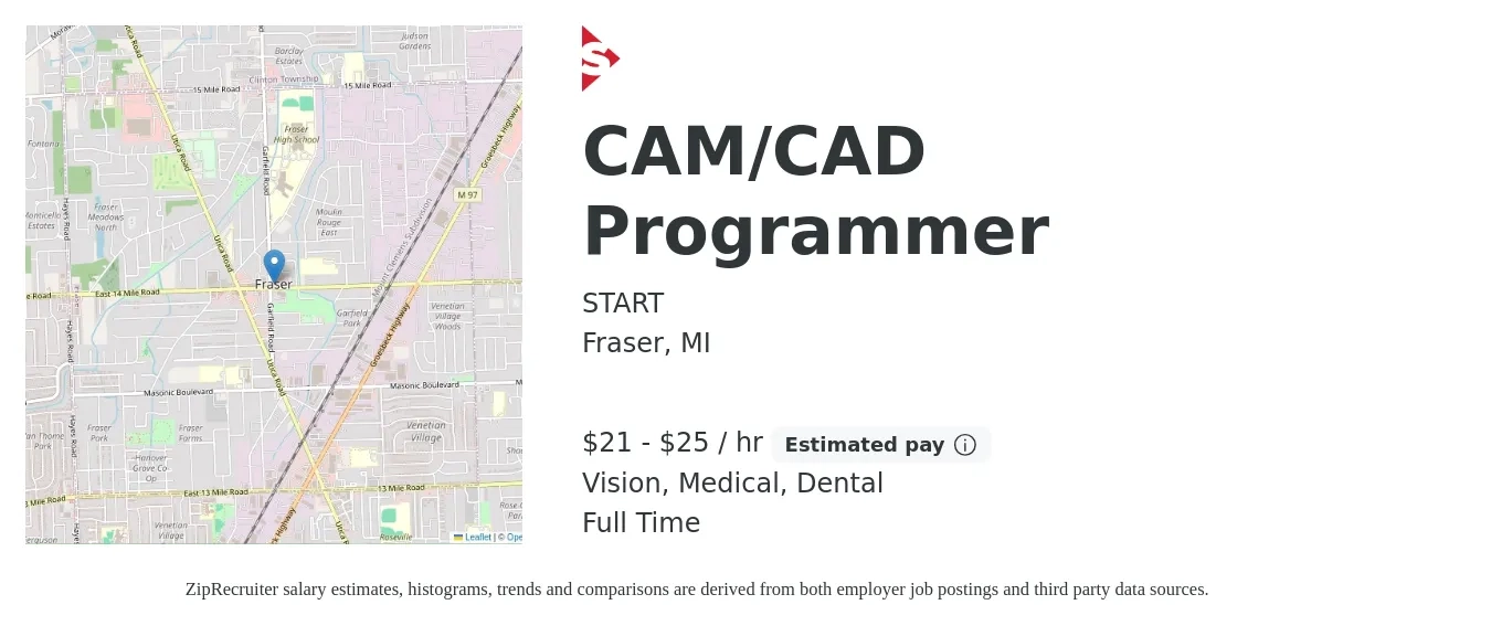 START job posting for a CAM/CAD Programmer in Fraser, MI with a salary of $23 to $28 Hourly and benefits including dental, life_insurance, medical, pto, retirement, and vision with a map of Fraser location.