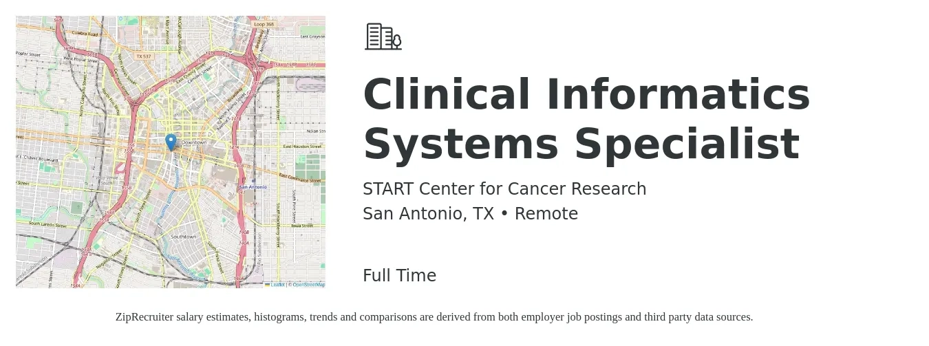 START Center for Cancer Research job posting for a Clinical Informatics Systems Specialist in San Antonio, TX with a salary of $64,700 to $99,700 Yearly with a map of San Antonio location.