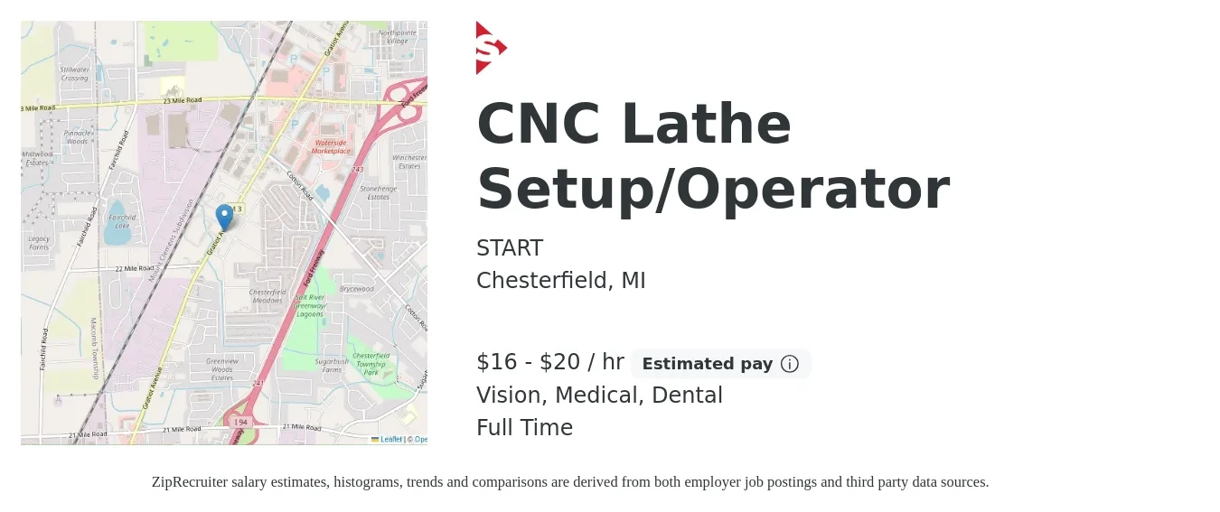 START job posting for a CNC Lathe Setup/Operator in Chesterfield, MI with a salary of $17 to $22 Hourly and benefits including vision, dental, life_insurance, medical, pto, and retirement with a map of Chesterfield location.