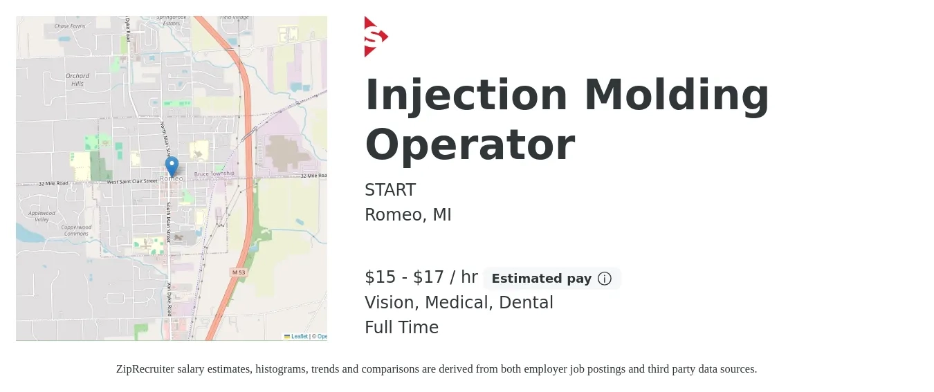 START job posting for a Injection Molding Operator in Romeo, MI with a salary of $16 to $18 Hourly and benefits including retirement, vision, dental, life_insurance, and medical with a map of Romeo location.