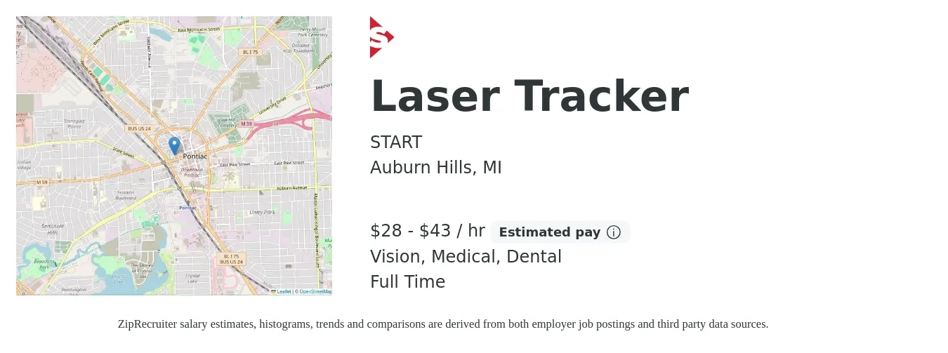 START job posting for a Laser Tracker in Auburn Hills, MI with a salary of $30 to $45 Hourly and benefits including dental, life_insurance, medical, and vision with a map of Auburn Hills location.