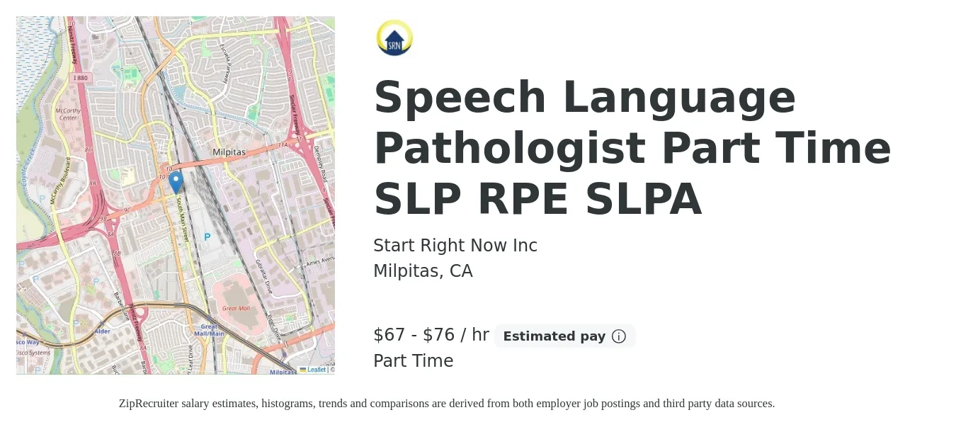 Start Right Now Inc job posting for a Speech Language Pathologist Part Time SLP RPE SLPA in Milpitas, CA with a salary of $70 to $80 Hourly with a map of Milpitas location.