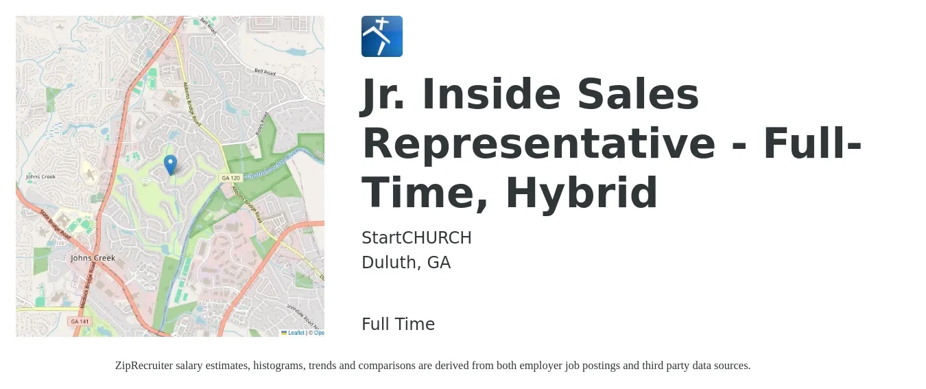 StartCHURCH job posting for a Jr. Inside Sales Representative - Full-Time, Hybrid in Duluth, GA with a salary of $36,400 to $54,300 Yearly with a map of Duluth location.