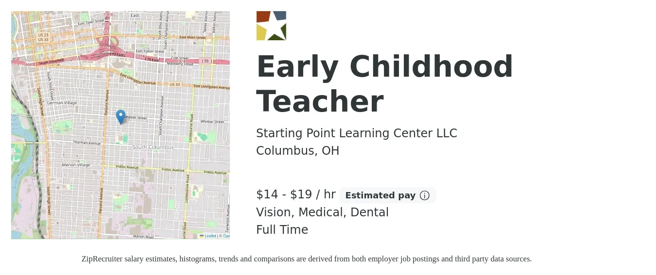 Starting Point Learning Center LLC job posting for a Early Childhood Teacher in Columbus, OH with a salary of $15 to $20 Hourly and benefits including pto, vision, dental, and medical with a map of Columbus location.