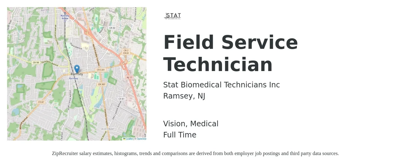 Stat Biomedical Technicians Inc job posting for a Field Service Technician in Ramsey, NJ with a salary of $1,000 to $1,800 Weekly and benefits including life_insurance, medical, pto, retirement, and vision with a map of Ramsey location.