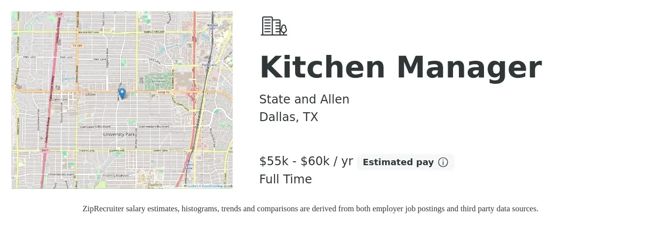 State and Allen job posting for a Kitchen Manager in Dallas, TX with a salary of $55,000 to $60,000 Yearly with a map of Dallas location.