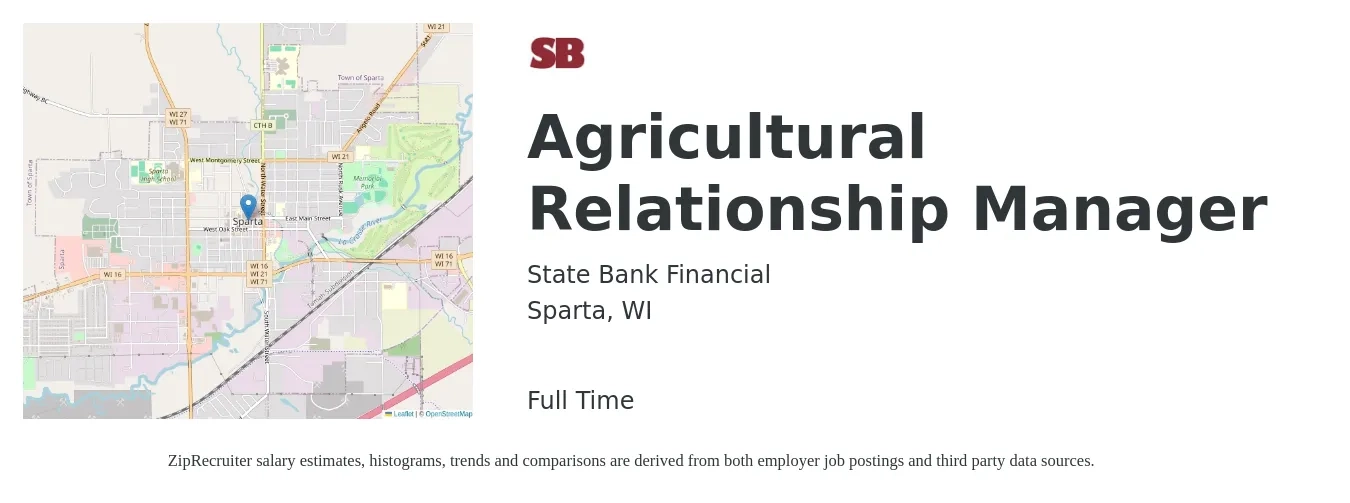 State Bank Financial job posting for a Agricultural Relationship Manager in Sparta, WI with a salary of $46,600 to $97,400 Yearly with a map of Sparta location.