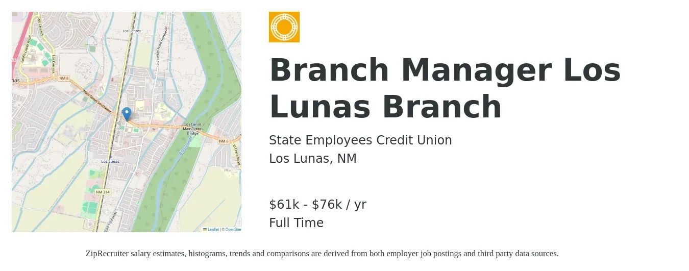 State Employees Credit Union job posting for a Branch Manager Los Lunas Branch in Los Lunas, NM with a salary of $61,397 to $76,747 Yearly with a map of Los Lunas location.