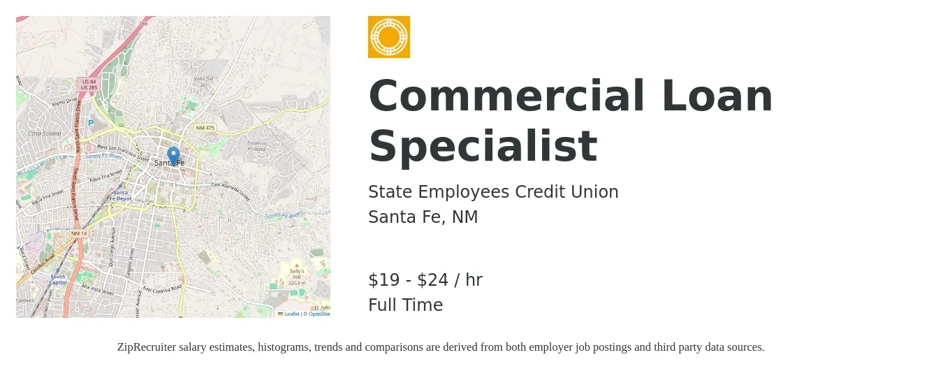 State Employees Credit Union job posting for a Commercial Loan Specialist in Santa Fe, NM with a salary of $21 to $26 Hourly with a map of Santa Fe location.