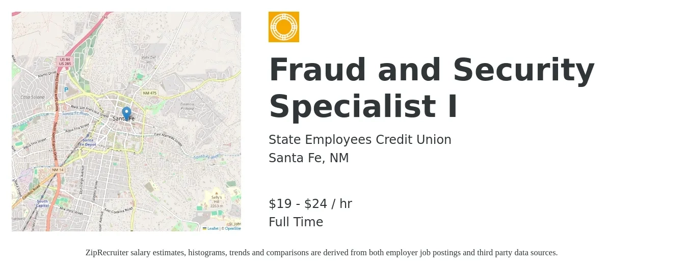State Employees Credit Union job posting for a Fraud and Security Specialist I in Santa Fe, NM with a salary of $21 to $26 Hourly with a map of Santa Fe location.