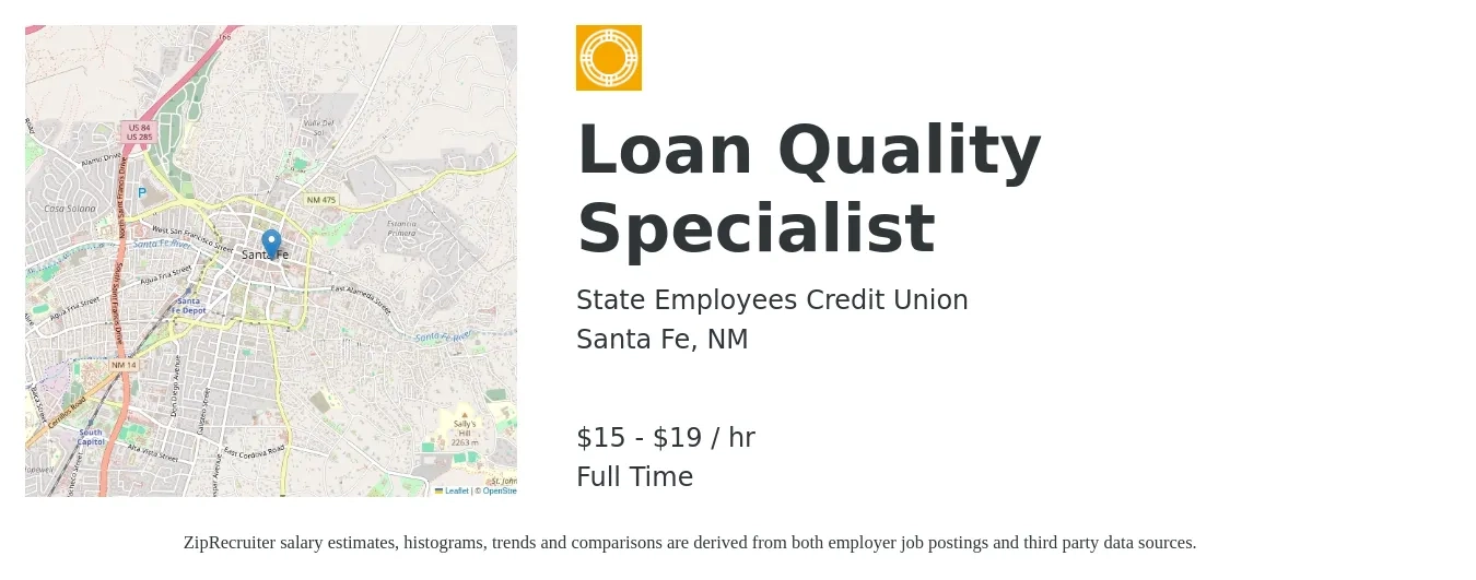 State Employees Credit Union job posting for a Loan Quality Specialist in Santa Fe, NM with a salary of $17 to $21 Hourly with a map of Santa Fe location.