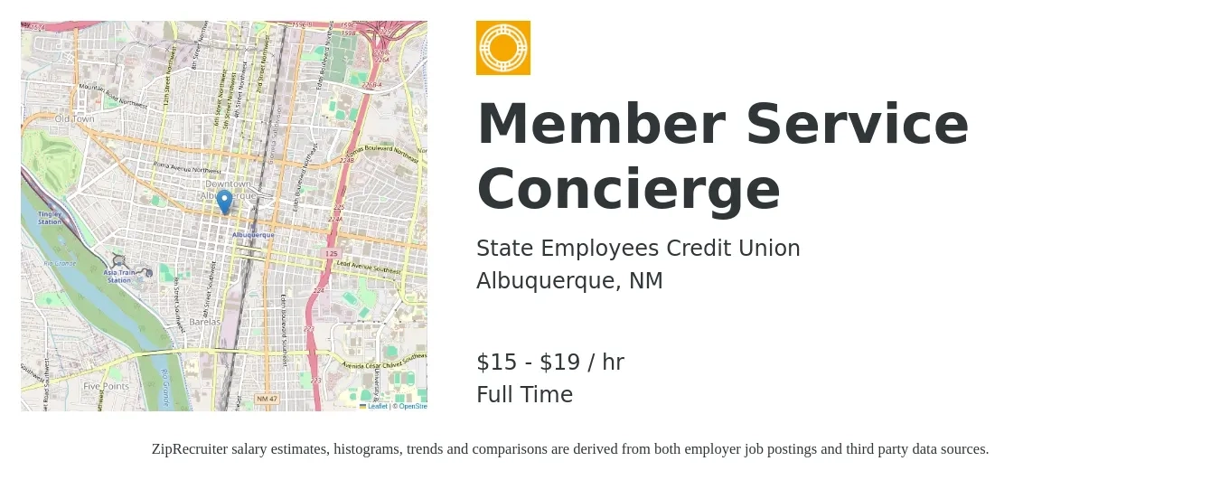 State Employees Credit Union job posting for a Member Service Concierge in Albuquerque, NM with a salary of $17 to $21 Hourly with a map of Albuquerque location.