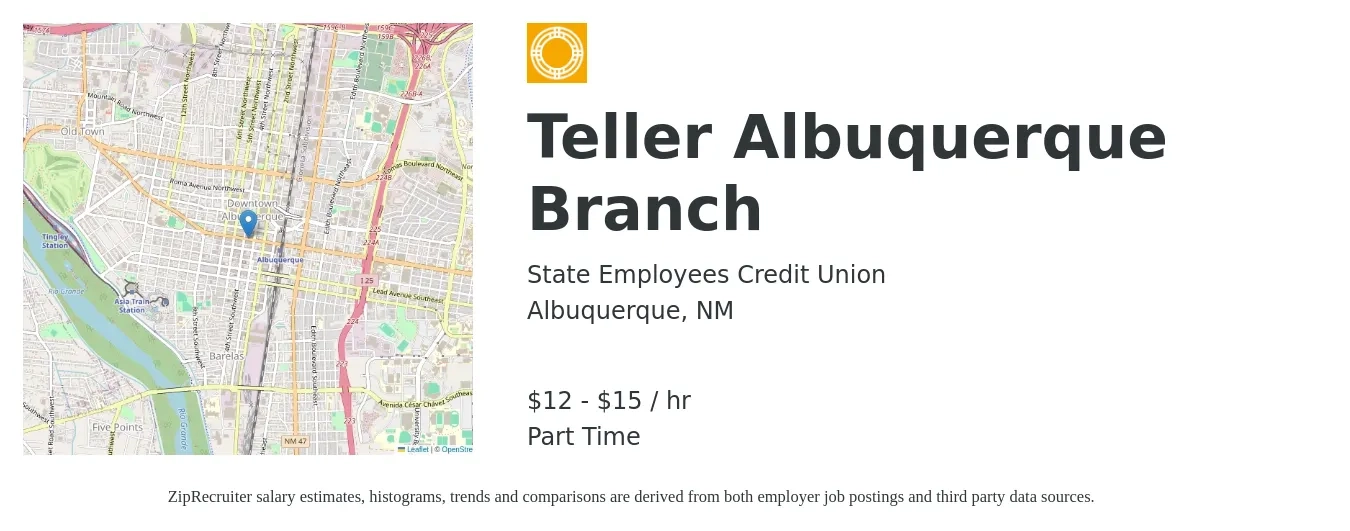 State Employees Credit Union job posting for a Teller Albuquerque Branch in Albuquerque, NM with a salary of $13 to $16 Hourly with a map of Albuquerque location.