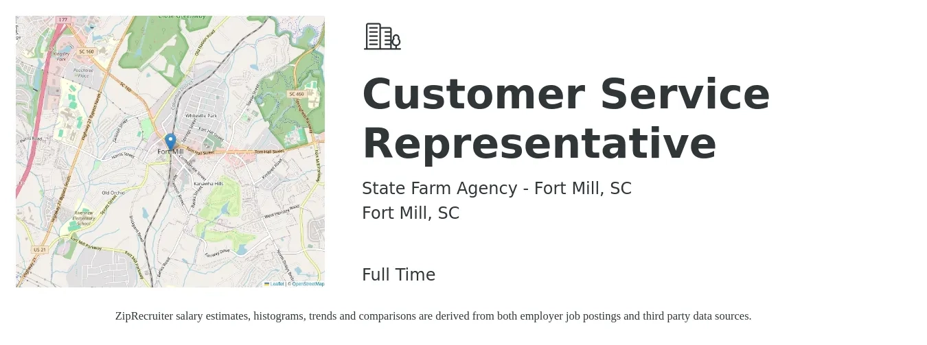 State Farm Agency - Fort Mill, SC job posting for a Customer Service Representative in Fort Mill, SC with a salary of $14 to $19 Hourly with a map of Fort Mill location.