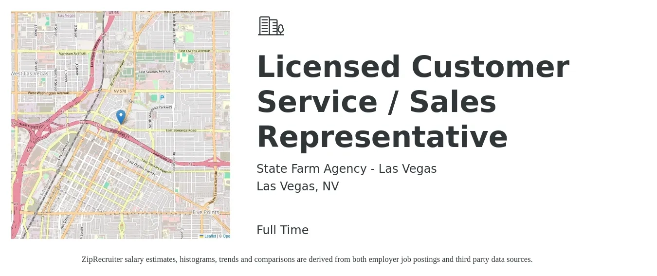 State Farm Agency - Las Vegas job posting for a Licensed Customer Service / Sales Representative in Las Vegas, NV with a salary of $38,000 to $52,300 Yearly with a map of Las Vegas location.