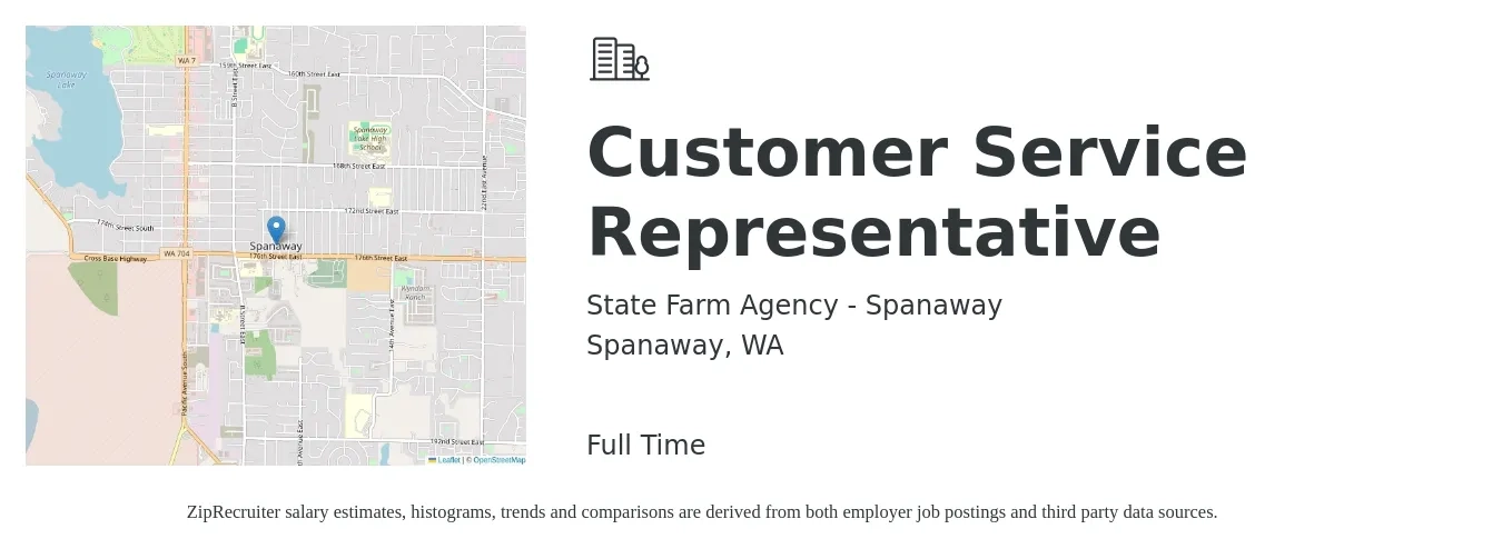 State Farm Agency - Spanaway job posting for a Customer Service Representative in Spanaway, WA with a salary of $17 to $24 Hourly with a map of Spanaway location.