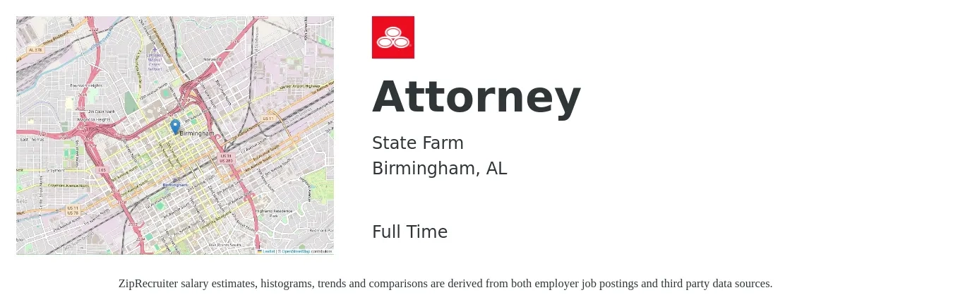 State Farm job posting for a Attorney in Birmingham, AL with a salary of $75,000 to $121,800 Yearly with a map of Birmingham location.