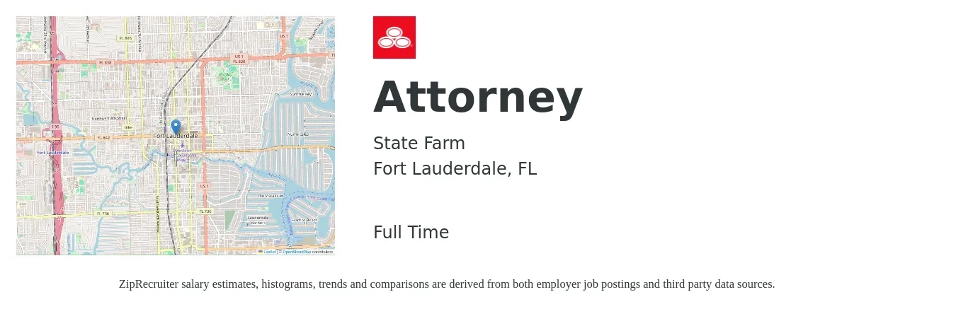 State Farm job posting for a Attorney in Fort Lauderdale, FL with a salary of $76,500 to $124,300 Yearly with a map of Fort Lauderdale location.