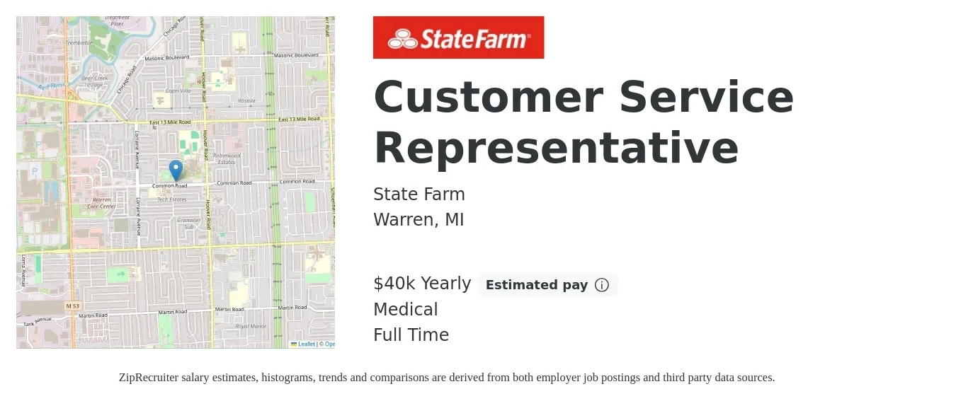 State Farm job posting for a Customer Service Representative in Warren, MI with a salary of $40,000 Yearly (plus commission) and benefits including life_insurance, medical, and pto with a map of Warren location.